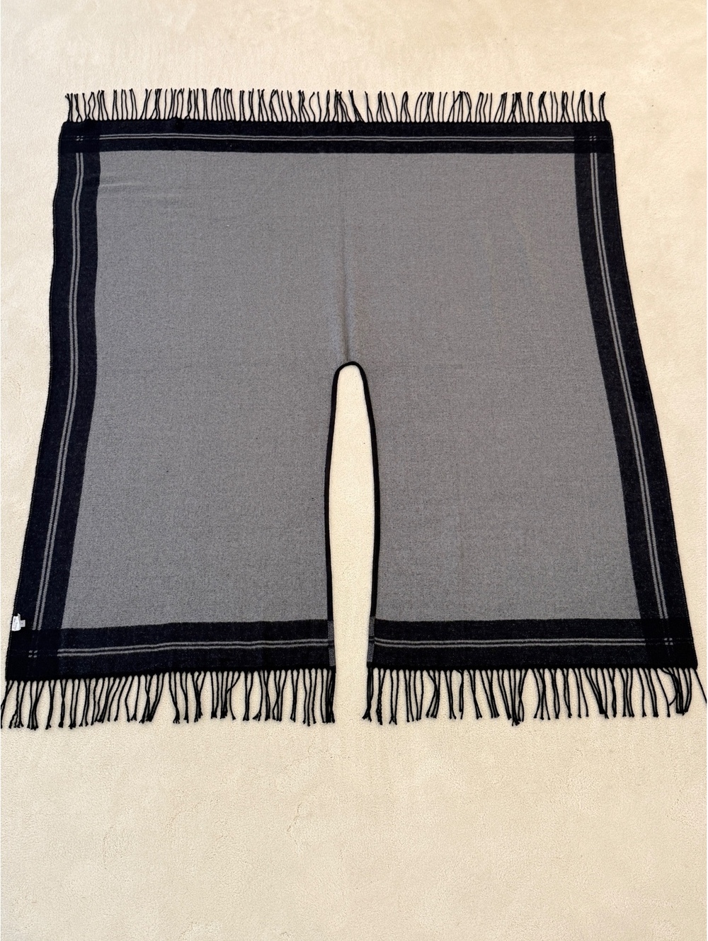 Uniqlo 2-Way Black Gray Fringe Poncho Wrap Shawl Scarf One Size